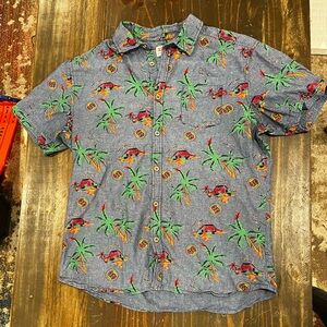 Lost at Sea Hawaiian Denim Chambray Shirt, Beach Surf, palm, Tropical Vacation